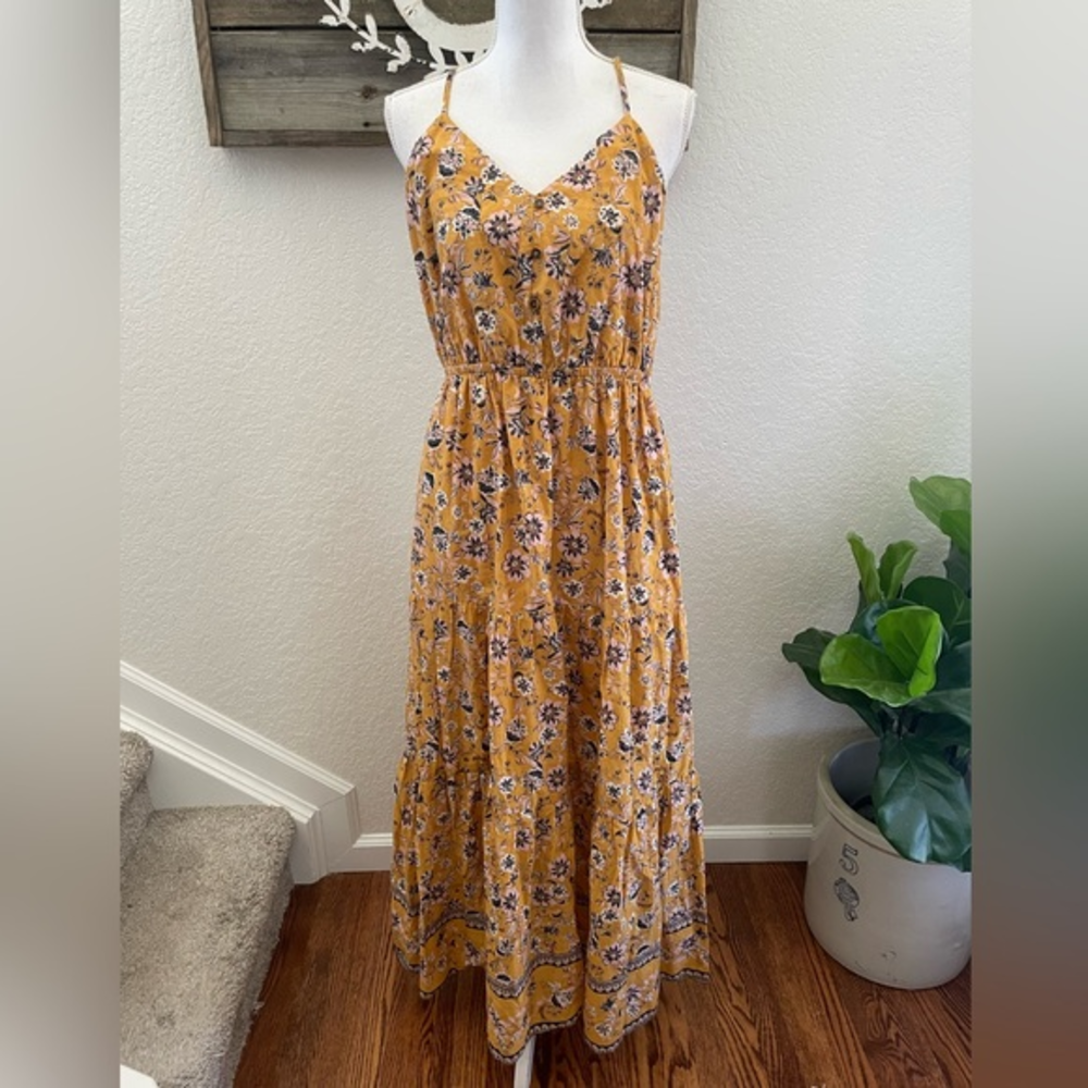 Evereve mustard yellow cotton floral maxi dress pockets ladies size L